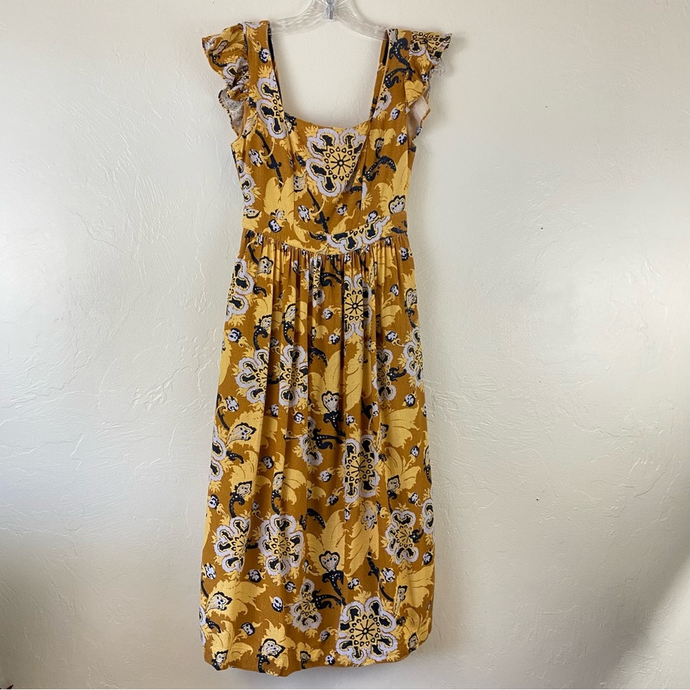 The Odell’s 4 Mustard Yellow Floral Ruffled Short Sleeve Square Neck Maxi Dress